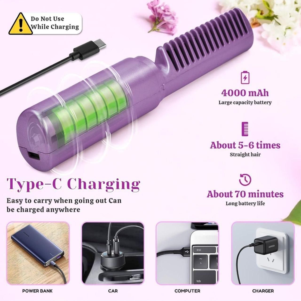 Portable Mini Hair Straightener Cordless Rechargeable Adjustable Hot Comb